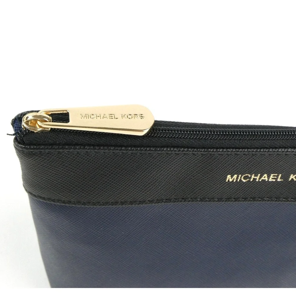 Michael Kors Black Navy Leather Cosmetic Zipper Pouch Case